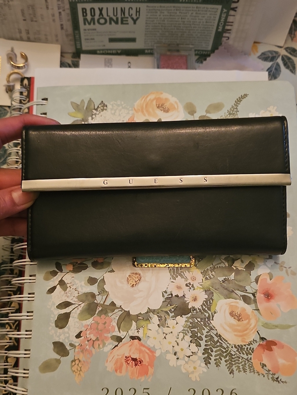 Guess Black Leather Continental Wallet with Silver Bar
